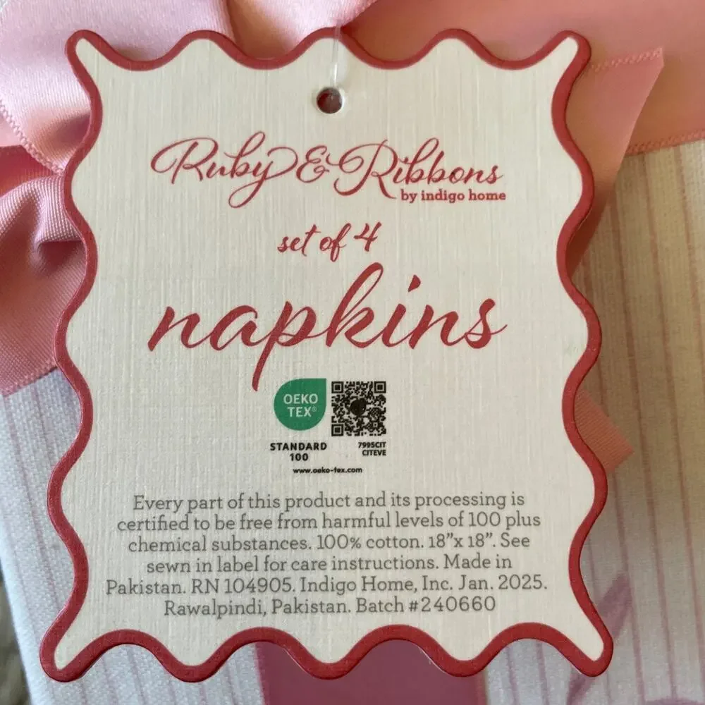 INDIGO Pink Bow Pinstripe Cotton Dinner Napkins 18x18 Set of 4 NEW